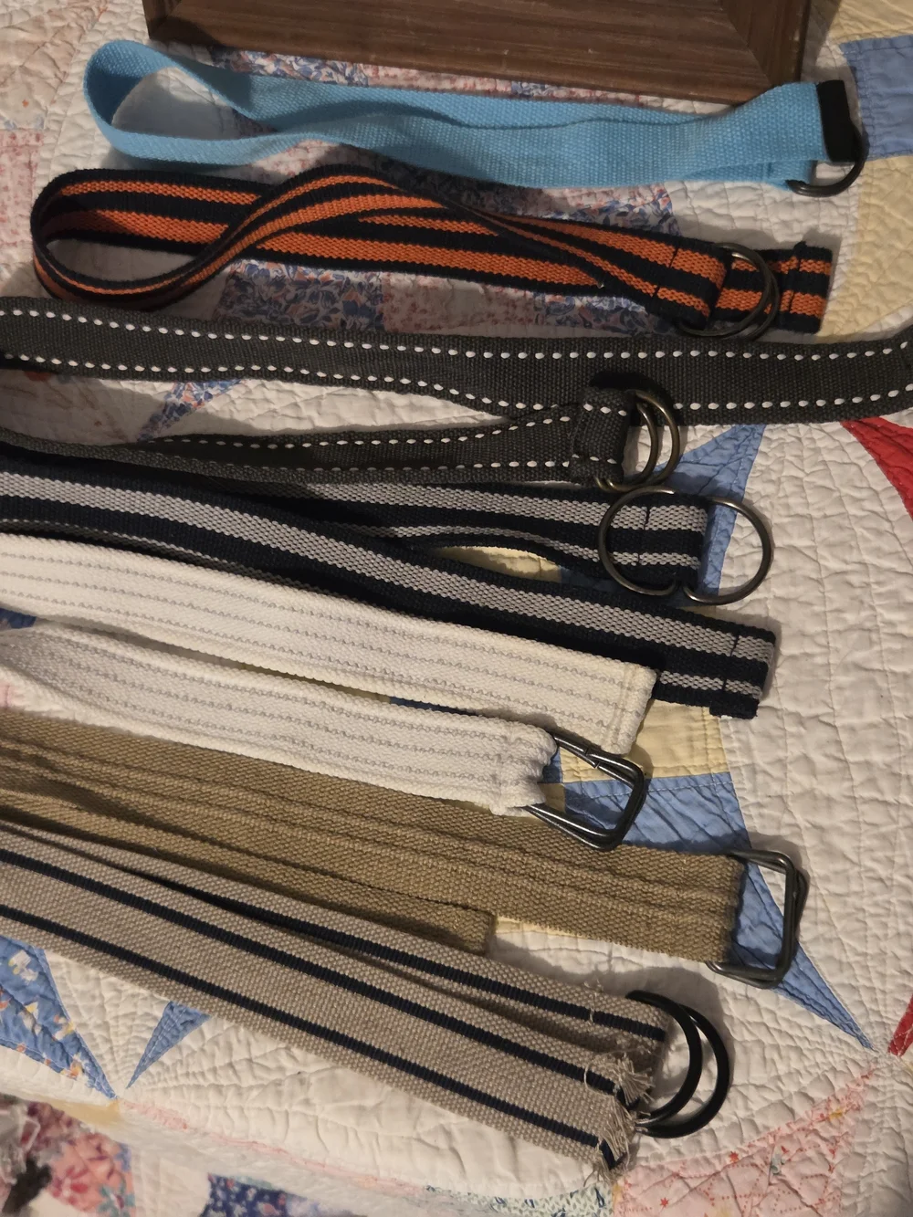 Assorted Fabric D-Ring Belts - Blue, Black, White, Tan Set Of 7 One Says Size 6